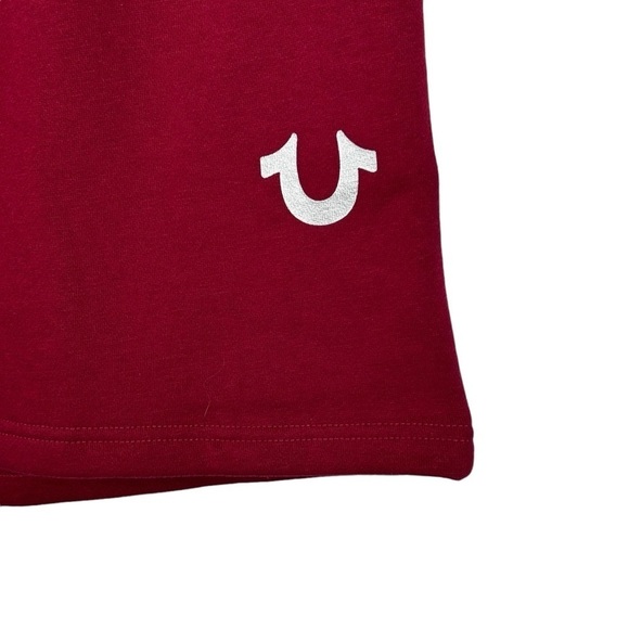 TRUE RELIGION RED DAHLIA HS FOIL LOGO FLEECE HIGH WAIST SWEAT SHORT - Picture 7 of 12